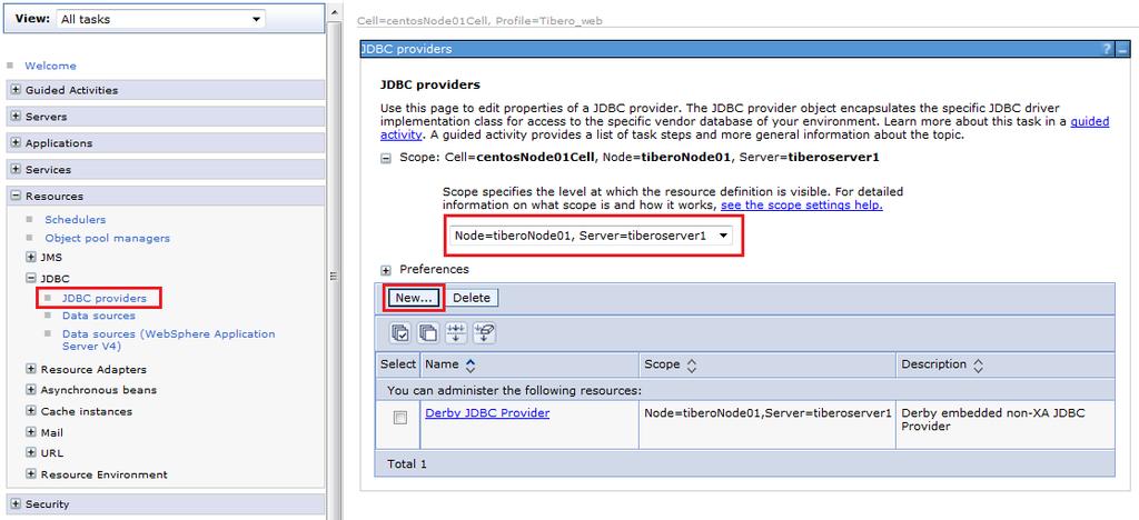 JDBC 프로바이더설정 1. [Resources] > [JDBC] > [JDBC provider] 를클릭한다.