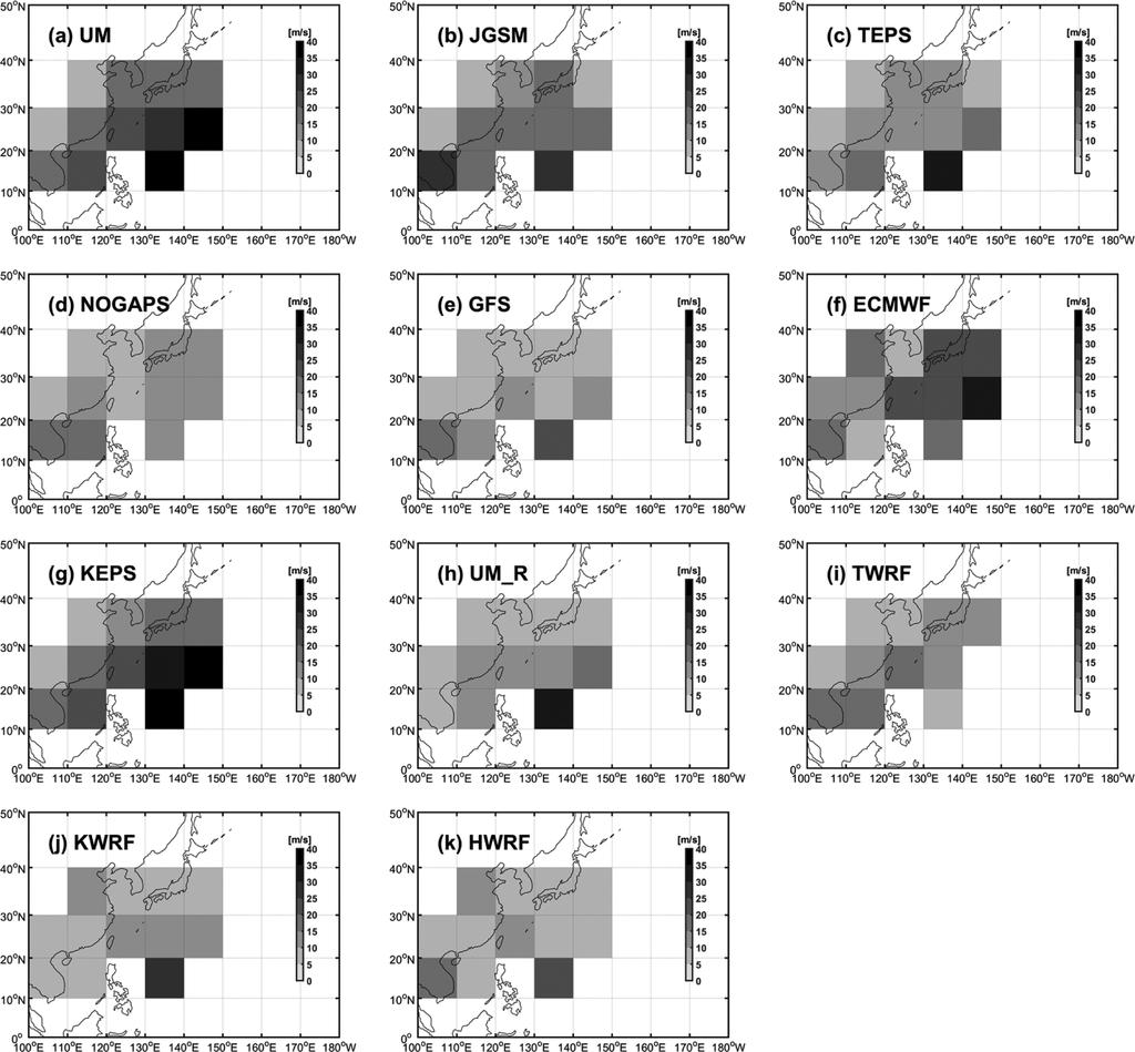 16 북서태평양 태풍 강도 가이던스 모델 성능평가 Fig. 7. Spatial distributions of MAE averaged over 10o 10o grid for MWS predicted from 11 guidance models at the lead time of 48