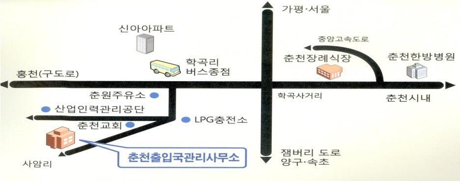 Ⅳ. Immigration Related Services 1. Chuncheon Immigration Office Location A. Address: Sa-Am-Gil 12, Dong-Nae-Myeon, Chuncheon-Si, Gangwon-Do B. Contact: TEL) 033-269-3209, FAX) 033-269-3297 C.