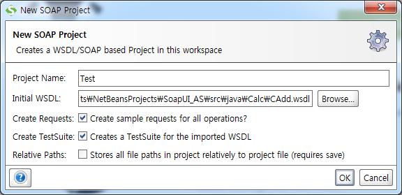 3.5 SoapUI 테스트환경설정 (2/3) SoapUI 테스트환경설정 : 프로젝트이름, WSDL 입력 이름입력 이전에생성된 WSDL 입력 OK Create Requests :