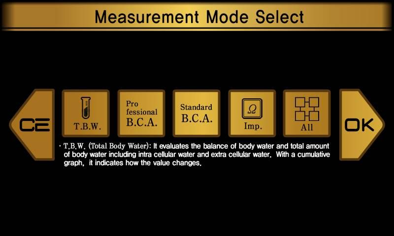 3. 측정 1) 기본분석 1 조그셔틀또는터치스크린을이용하여측정모드를선택합니다. 체수분, 체성분, 임피던스, ALL 중원하는항목을측정할수있습니다. 2 START 버튼을누르면개인정보입력화면이나타납니다. 3 개인정보입력순서에따라개인정보를입력합니다.