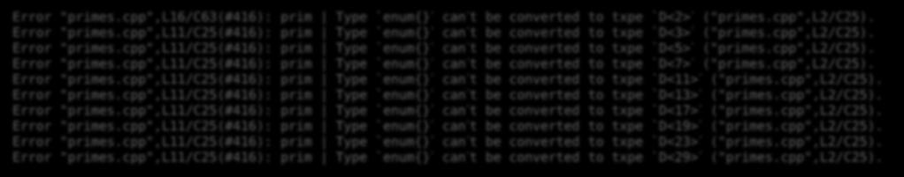 템플릿메타프로그래밍의탄생 Error "primes.cpp",l16/c63(#416): prim Type `enum} can t be converted to txpe `D<2> ("primes.cpp",l2/c25). Error "primes.cpp",l11/c25(#416): prim Type `enum} can t be converted to txpe `D<3> ("primes.