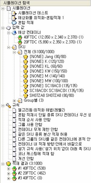 불용공간목록탭 : 결과컨테이너안의불용공간을그래픽으로표시합니다. 속성 ( 미리보기 ) 탭 : 컨테이너, SKU 및결과컨테이너의속성을표시합니다. 속성 ( 수정 ) 탭 : 컨테이너, SKU 및결과컨테이너속성을수정하는기능제공합니다. 로그탭 : 시뮬레이션실행중엔진에서리턴된결과를표시합니다. 적하목록탭 : 시뮬레이션에대한적하목록을표시합니다.