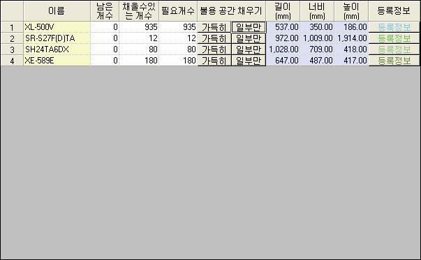 3 공간선택시자동검색버튼 여기를체크하면 [ 채울수있는 SKU 검색버튼 ] 의기능이자동으로실행됩니다. 즉, [ 시뮬레이션탐색 ] [ 적재결과 ] 에서결과컨테이너또는불용공간을마우스로클릭하면자동으로 채울수있는 SKU 목록 이갱신됩니다. 4 채울수있는것만표시버튼여기를체크하면 [ 채울수있는 SKU 목록 ] 에모든 SKU 가아닌 채울수있는 SKU 만표시합니다.