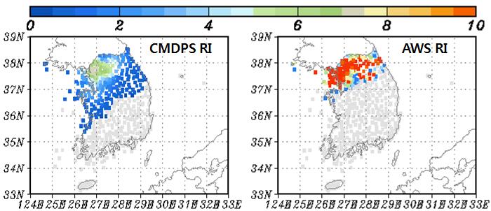 (b) Validation dataset between CMDPS RI and SSM/I RI Fig. 15. Validation dataset between CMDPS RI and AWS(a) and SSM/I(b) rainfall at 1933UTC Jul. 23 2008. Fig. 15에서청색및붉은색등으로표시된부분은 AWS와 SSM/I 화소들이시ᆞ공간일치된영역이며회색은강수가없는부분이다.
