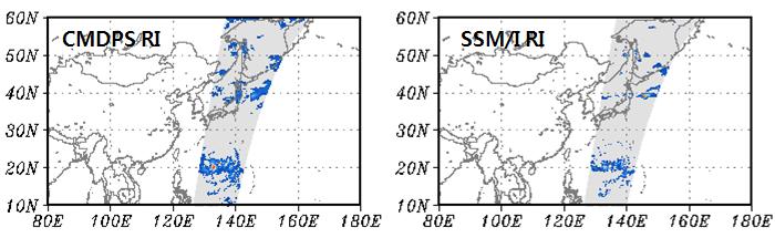 나타내었다. Table 4. The validation result between CMDPS RI and AWS and SSM/I rainfall at 1933UTC Jul. 23 2008.