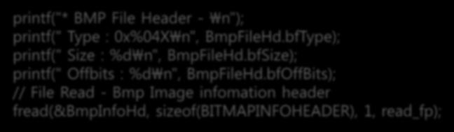BMP 정보출력프로그램작성 bmp_info.c printf("* BMP File Header - \n"); printf(" Type : 0x%04X\n", BmpFileHd.bfType); printf(" Size : %d\n", BmpFileHd.