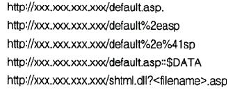 대책 : 모든쓰기가능한가상 HTTP 서버디렉토리에대한접근권한을검사하고 Everyone 그룹을제거하도록한다. IIS ASP URL 경로중확장 URL 부분에. 가포함될경우, IIS가 ASP(Active Server Pages) 코드를실행시키는대신코드를보여주게된다. http://www.somesite.com/new.products/hello.