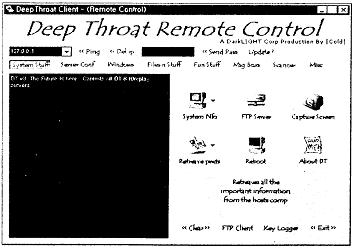 ( 그림 3-7) Deep Throat 초기화면 NetBus 1.70 NetBus Pro는원격관리및스파이프로그램으로설치가매우용이하며, 사용하기쉬운인터페이스를가지고있다.