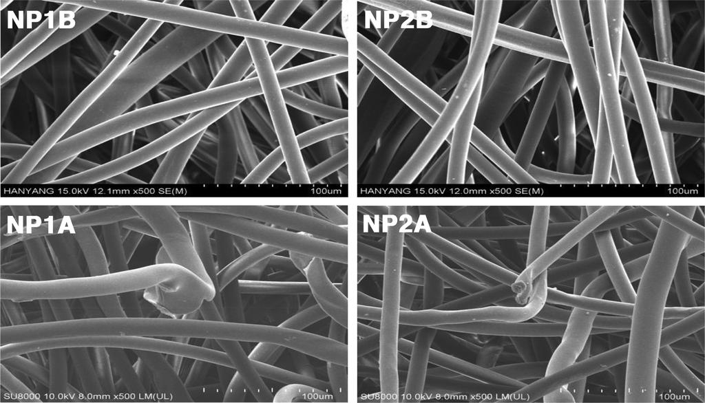 265 에어 덕트용 PET 니들펀칭 부직포의 제조 및 물성에 관한 연구 Table 4. Preparation conditions of test samples Sample symbol No. of needle punching NP1B NP2B NP1A NP2A 1 2 1 2 Air through bonding process Zone Speed Temp.