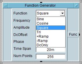 9 Function Generator 오브젝트에서 Function 필드를 Square 파형으로변경하십시오.