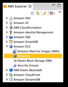 AWS Toolkit for Eclipse에서 Lambda 사용 Amazon EC2에 대한 하위 노드를 선택하면 Eclipse는 해당 리소스에 대한 상세 정보가 있는 보기를 엽니다. 예를 들어, [Instances]를 두 번 클릭하면 퍼블릭 DNS 이름, 가용 영역 및 시작 시간 등 각 Amazon EC2 인스 턴스에 대한 정보가 나열된 보기가 열립니다.