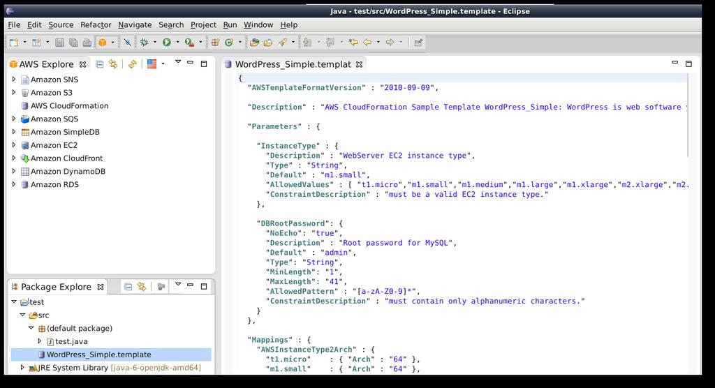 Eclipse에서 AWS CloudFormation 템플릿 배포 [Package Explorer]에서 템플릿 이름을 두 번 클릭하여 파일을 편집합니다. Note.template 또는.json으로 끝나는 파일에는 자동으로 AWS CloudFormation 템플릿 편집기가 사 용됩니다.