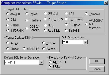 -. Physical 모델링 ( 이전에보기옵션 ) ERwin 에서물리적모델링으로전환하려면앞에서설명했던것처럼 ERwin Toolbar 의 오른쪽콤포박스를 Physical 로선택하면된다. ERwin 을처음실행할때 Target Database 를 SQL Server 2000 으로선택했으므로다시데이터베이스를선택할필요는없다.