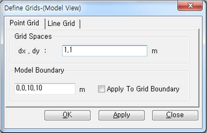 2. 파일열기및작업기본환경설정 모델링의편의를위해 UCS x-y 평면에 1m 간격의 point grid 를다음과같이배치합니다. 1. Main Manu 에서 Structure > UCS/Plan > Grids > Define Point Grid 클릭 2. dx, dy 입력란에 1, 1 입력 3. 버튼클릭 그림 1.