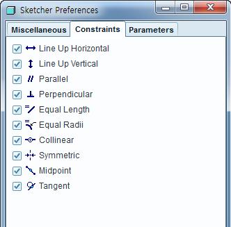 구속 (Constraints) 설정 Sketcher 환경설정 2D profile 작성중에구속목록에서선택된구속조건중적절한구속조건이 profile 의 geometry 에자동으로부여된다.