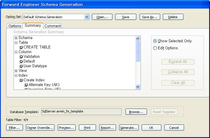 Script 출력 DDL Script 저장스키마생성 Summary 탭에서는옵션설정내용을확인할수있다.