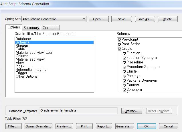 다음으로 Right Alter Script/Schema Generation icon 을이용하여 Alter 문장을생성하여 DB 변경 작업을수행한다. 버튼을클릭하면 Forward Engineer 와동일한창이나타난다. 해당 Dialog 에서는별도의 Option 선택없이바로 Preview 를통하여결과를확인할수있다.