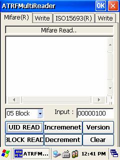 4.2.1 Multi(R/W 가능, MIFARE) Diagnostics 실행 [ 시작 ] -> [ 프로그램 ] -> [RFID] -> [ATRFMulti] 프로그램을실행하십시오. 그림 24. RFID Multi 프로그램실행하기 1.Mifare 태그데이터읽기방법.( 내장형모듈 ) Mifare 태그탭 그림 25.