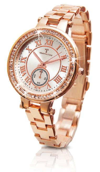 The dial is convincing by classy Roman numerals and rosé-gold - colored hands, its bezel is set with exquisitely Czech crystals. Case is made of stainless steel. Splash proof.