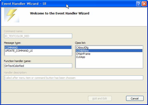 Command Message Handler Event Handler Wizard 를이용하여메뉴항목선택시실행되는명령메시지핸들러생성 메뉴명령처리 메뉴명령처리예 BEGIN_MESSAGE_MAP(CChildView,CWnd ).