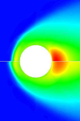 5 Normalized density distribution along the symmetric axis of the sphere geometry 정확도를살펴보기위해정체유선상의밀도및온도분포를비교하였다. Fig. 5에밀도, Fig. 6에온도분포를도시하였다.