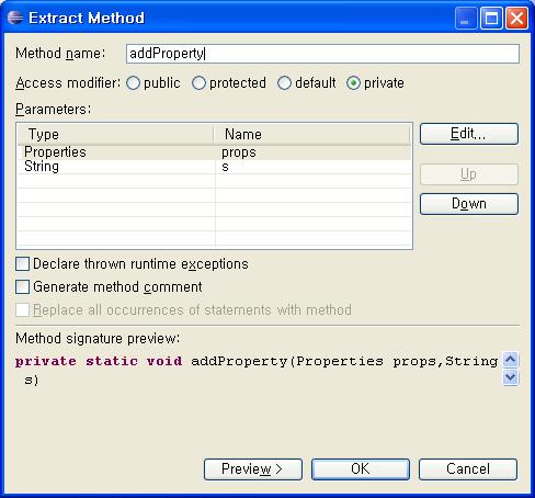 클래스내부에서코드변경하기 이를수행하기위해서는이코드를강조하고그다음 Refactor > Extract Method 를메뉴에서선택한다.