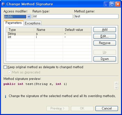 Change Method Signature MethodSigExample 클래스에서 test