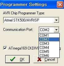 Settings" 의서브메뉴 Programmer" 를선택 좌측그림과같이 "AVR Chip Programmer Type" 은 "Atmel STK500/AVRISP" 선택,
