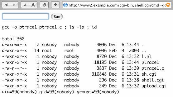 shell.cgi 의권한은 "nobody" 사용자다. 6.2.2 ptrace1.