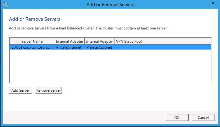 Remote Access Management 콘솔에서 Load Balanced Cluster -> Add or Remove Servers 클릭합니다. Add/Remove Servers 다이얼로그에서 Add Server 를클릭합니다. 현재 NLB 구성에 EDGE1.
