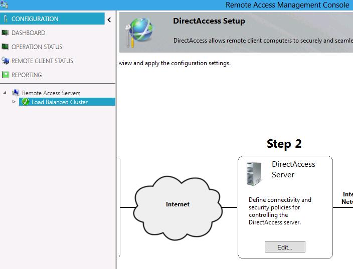 Task 1 Deploy Multi-Site DirectAccess 1. Configure DirectAccess using the Expert Wizard 본단계에서는 Multi-Site DirectAccess 를배포합니다. 배포후에다음단계에서활성화과정을 완료해야합니다. EDGE1.CORP.CONTOSO.com 서버에연결합니다.