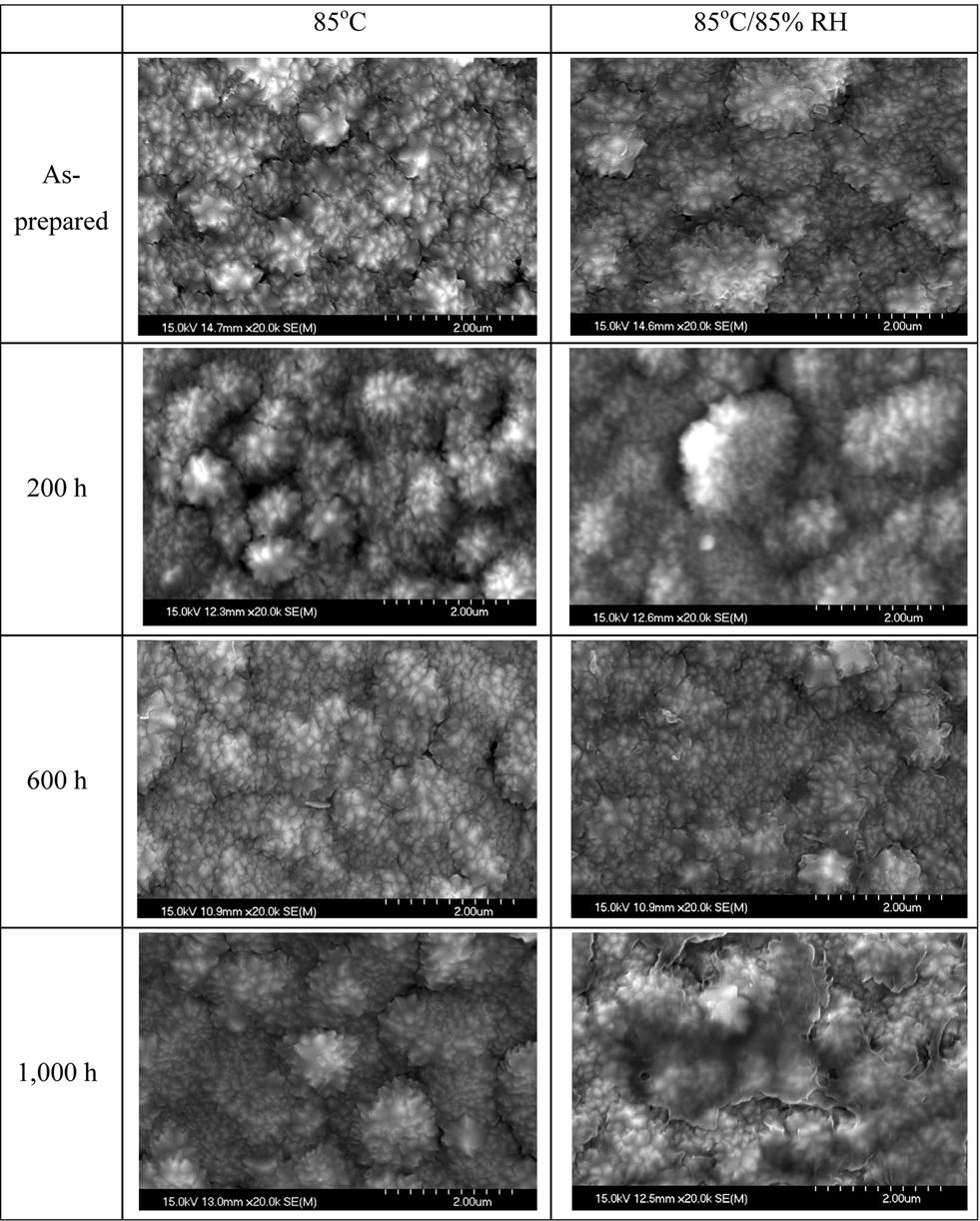고온 및 고온고습 환경 내에서 ZnO:Al 투명전극의 열화가 CIGS 박막형 태양전지의 성능 저하에 미치는 영향 Fig. 4. Surface mrphlgy f AZO thin films in CIGS slar cells with degradatin time. 입자들로 구성되어 있었다.