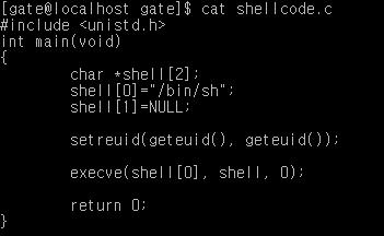 1 번문제풀이 Shellcode 제작 C 언어로제작할 shellcode 프로토타입작성 C 언어작성 C 언어를기반으로함수의사용법확인 <C 언어작성 > 프로그램 uid 권한으로 uid 설정쉘을실행하는프로그램 < 컴파일 / 실행확인 > 26 execve 프로그램실행함수 detail: #include <unistd.