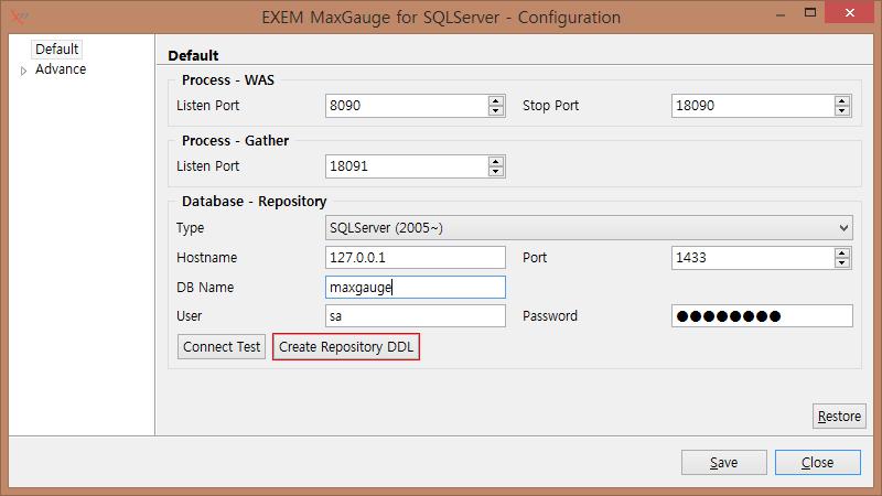 MaxGauge For SQL Server User's Guide 2) 서비스관리자 Configuration 에서필수을기입, Repository DB Connect Test 수행 그림 2. Configuration Default 설정화면 Configuration Default 화면의내용은아래와같습니다.