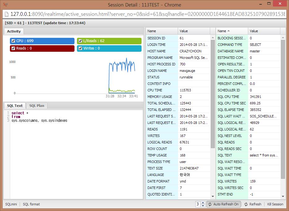 MaxGauge For SQL Server User's Guide 1) Session Detail 화면 Session Detail 은데이터베이스시스템의특정 Session 에대한상세정보를알려줄수있으며다음과같 은기능을갖습니다. 그림 62.