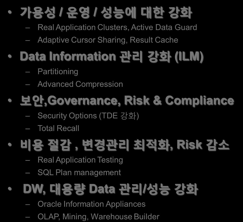 보안,Governance, Risk & Compliance Security Options (TDE 강화 ) Total Recall 비용젃감, 변경관리최적화, Risk 감소 Real