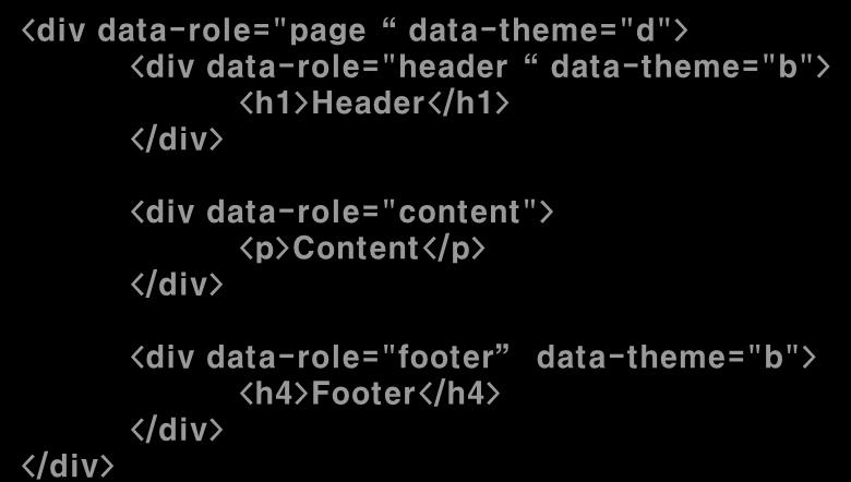 Step1. Page Structure [Step 1-04] 테마적용 'data-theme' 속성을이용하여 Page 영역에 'd' 테마 ( 흰색 ) 를, Header 와 Footer 영역에 'b' 테마를적용한다.