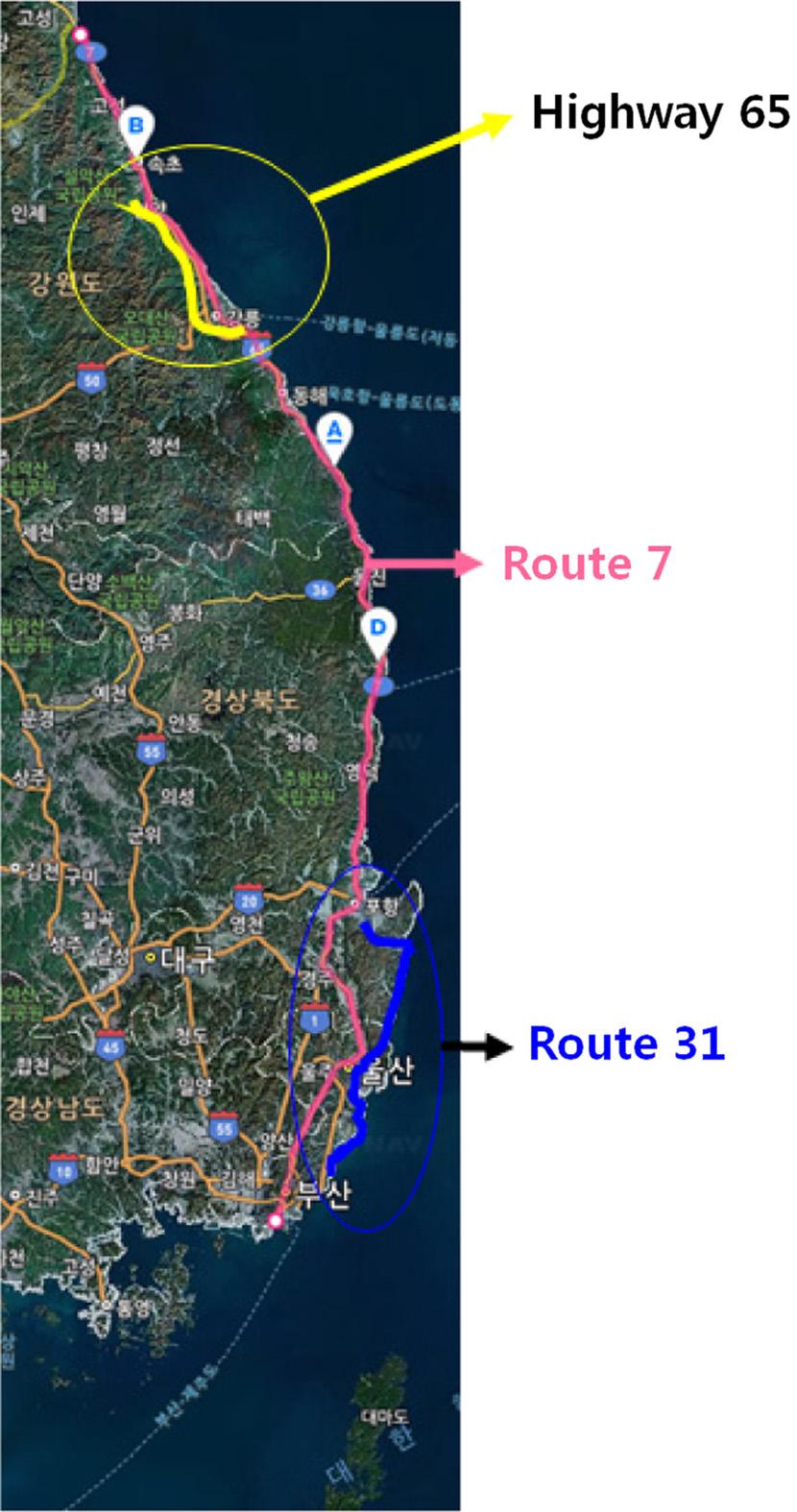 국토교통부에서고속국도, 일반국도, 특별 광역시도, 국가지원지방도, 지방도, 시 군, 구도상의도로교량및터널현황을파악하고자작성한 2012년 12월기준도로교량및터널현황 을기반으로지진해일가상피해지역의교량통계현황을조사하였다 (Table 1). 가상피해지역의주요교량은 Fig.