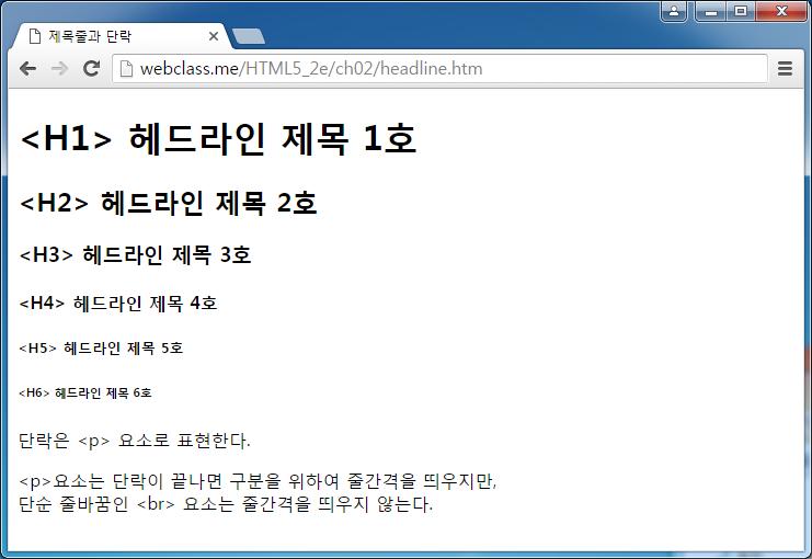 예제 : 단락의제목과줄 <h1><h1> 헤드라인제목 1 호 </h1> <h2><h2> 헤드라인제목 2 호 </h2> <h3><h3> 헤드라인제목 3 호 </h3> <h4><h4> 헤드라인제목 4 호 </h4> <h5><h5> 헤드라인제목 5 호