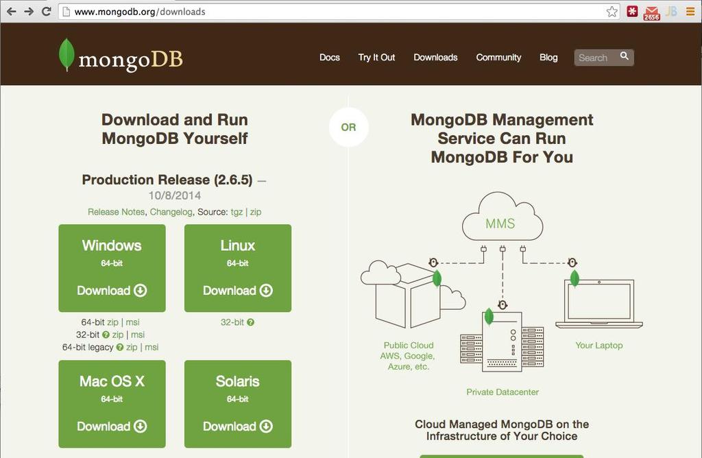 2. 설치및실행 2.1 다운로드 MongoDB 는윈도우, 리눅스, 맥그리고솔라리스를지원한다.