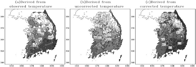 6 Korean Journal of Agricultural and Forest Meteorology, Vol. 12, No. 1 Fig. 4. The first appearance date of vegetation temperature (days over 5 o C) for the period of 2002-2008 (unit: Julian day).
