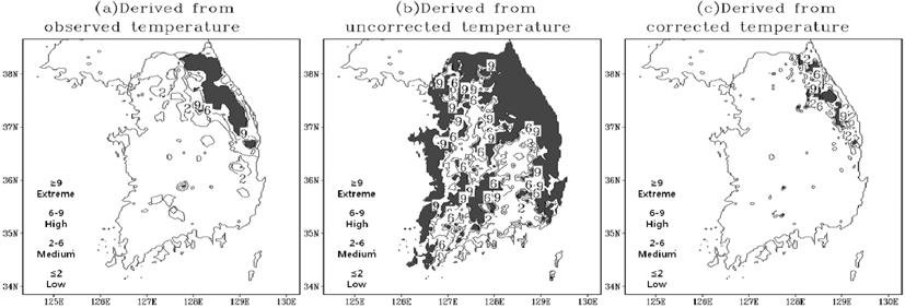 8 Korean Journal of Agricultural and Forest Meteorology, Vol. 12, No. 1 Fig. 7. Occurrence rate of low temperature during rice transplanting period for the period of 2002-2008 (unit: %). Fig. 8.