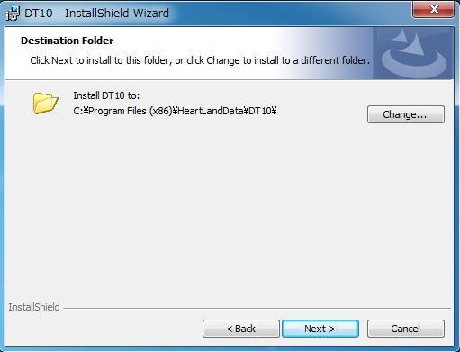 Welcome 화면이표시됩니다. Next 를클릭합니다. Destination Folder 화면이표시됩니다. 디폴트의인스톨장소는 [Program Files (x86) Path]HeartLandData\DT10 입니다.