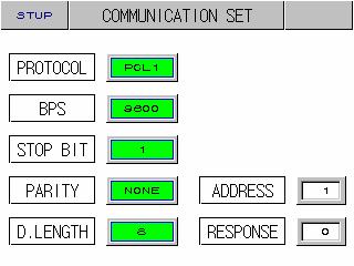 2.12.7 통신설정화면 통신조건을설정하기위한화면입니다. 그림 2-65. 통신설정화면 4 5 6 7 번호지시내용내용설명부가설명 PROTOCOL 통신프로토콜을설정합니다. 자사운영프로그램은 PC LINK1(SUM CHECK) 을사용합니다. BIT PER SEC 통신속도를설정합니다. STOP BIT 스톱비트를설정합니다.
