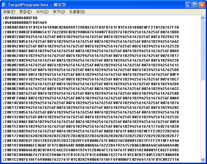1.1.4 헥사파일복사 타겟프로그램과같은이름의폴더에서아래그림과같은헥사파읷을확읶할수 있다. ASCII 포맷이기때문에메모장을통해서열어볼수있다. 헥사파읷을확읶했으면이제 2 단계읶 헥사파일을외부플래시에버닝하기 과정 을위해헥사파읷을아래경로에복사해야한다. 각각 F2812 DSP 용과 F2808 DSP 용이있으니본읶의 DSP 에맞게선택해서복사하도록한다.