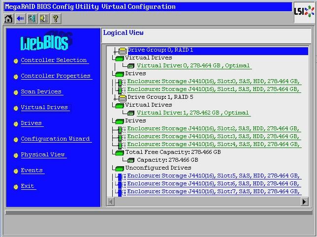 MegaRAID BIOS Config Utility Virtual Configuration 화면이 표시됩니다. 그림 3.12.
