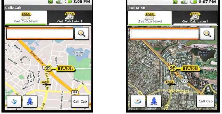 GPS 위치정보 Application CallACab 핸드폰소유자의위치주위에빈차로운행하는택시를보여주고버튼을누르면해당택시에정보를보내택시를부름