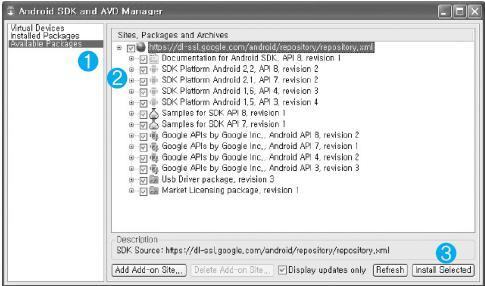 안드로이드 SDK 업데이트 39 Android SDK and AVD Manager 창이뜨면왼쪽리스트에서