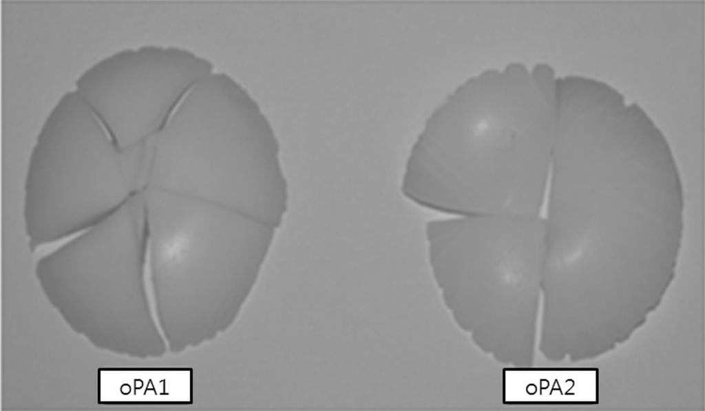 분산중합에의한폴리아미드 12(PA12) 올리고머의제조와그를이용한 Poly(ether-block-amide) 의특성 517 Figure 9. Color images of opa1 and opa2 after polymerization. Figure 8. DSC thermograms of PEBAs originated from opa1 and opa2.